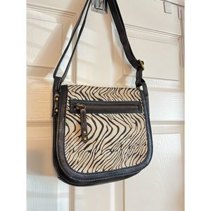 Fossil Zebra Leather Flap Close Foldover Satchel Crossbody Bag